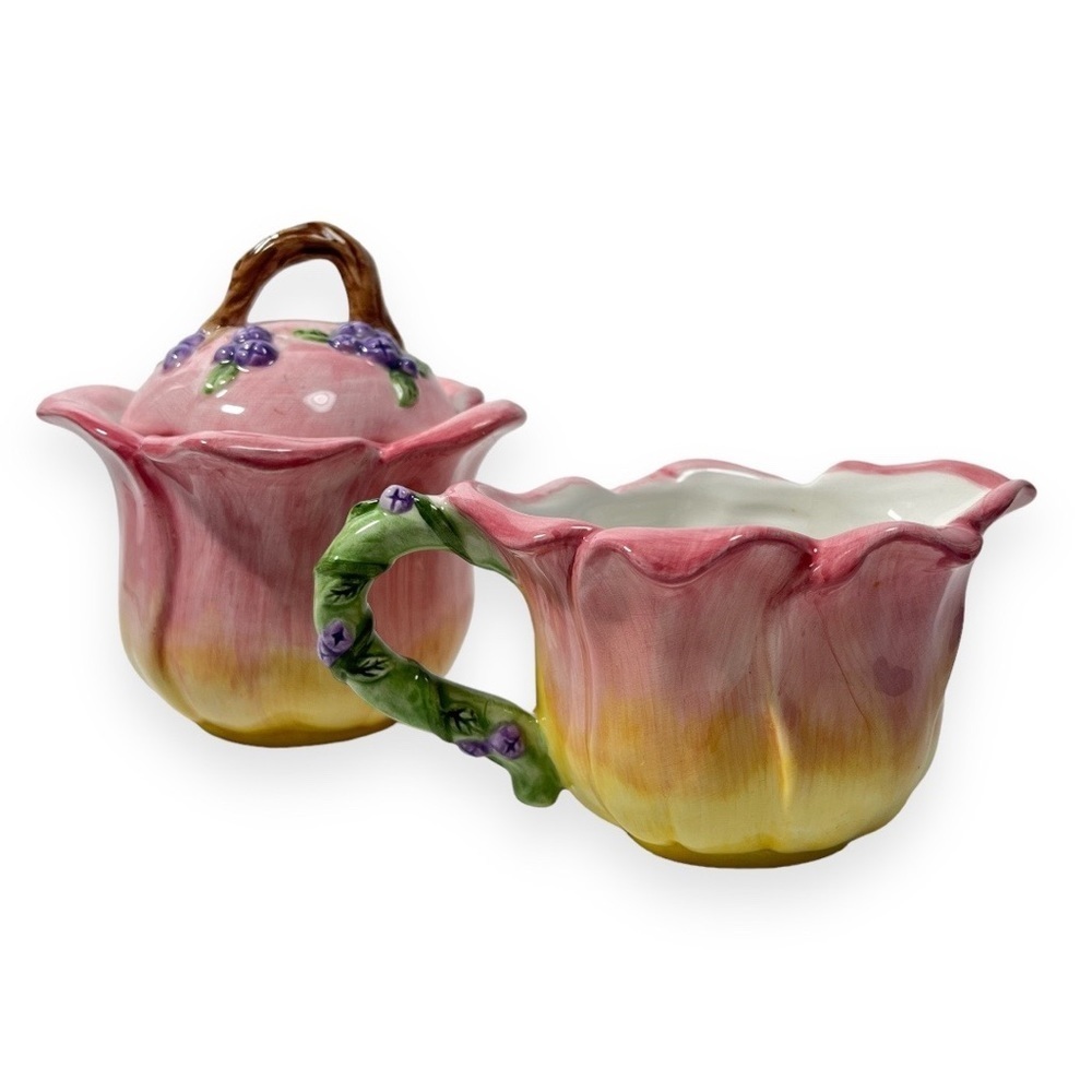 Charter Club Home Wild Flowers Creamer Sugar Bowl Lid Pink‎ Yellow Hand Painted